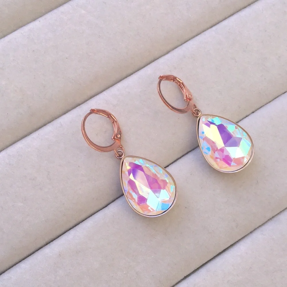 White Aurora Borealis + Rose Gold Crystal Pear Drop Earrings